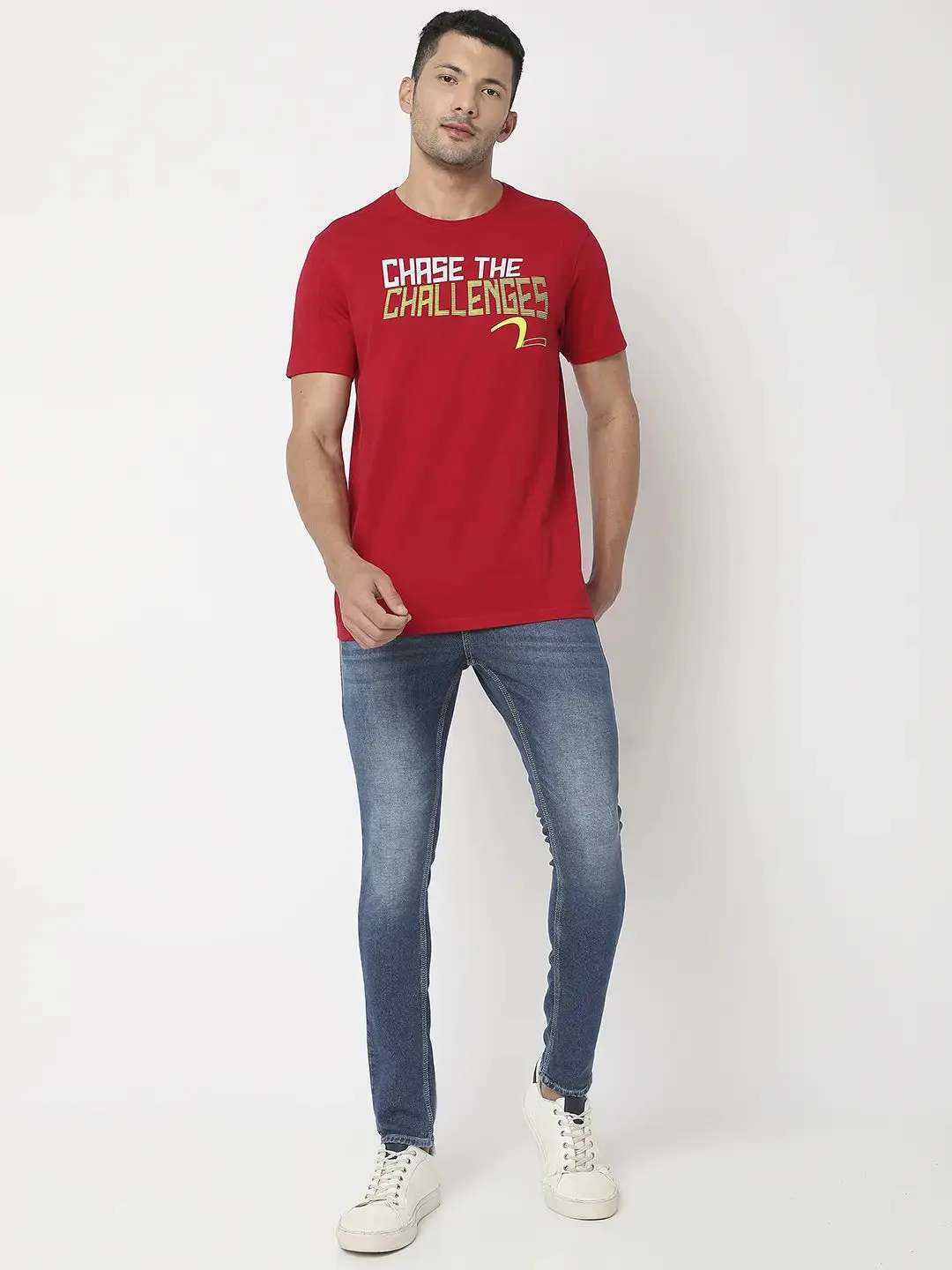 Spykar Men Deep Red Cotton Regular Fit Printed Round Neck Tshirt