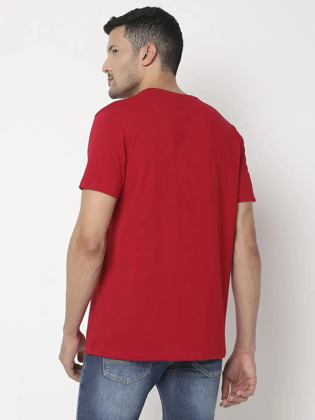 Spykar Men Deep Red Cotton Regular Fit Printed Round Neck Tshirt