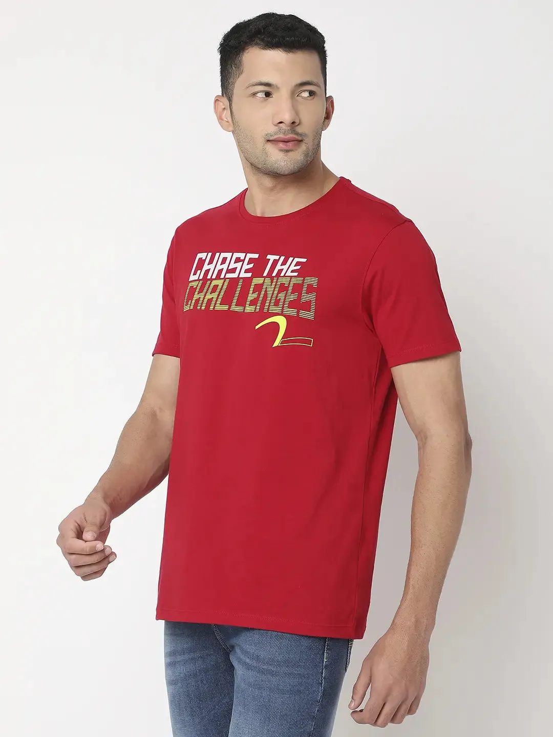 Spykar Men Deep Red Cotton Regular Fit Printed Round Neck Tshirt