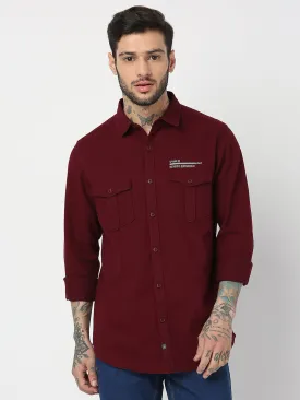 Spykar Men Maroon Cotton Slim Fit Plain Shirts