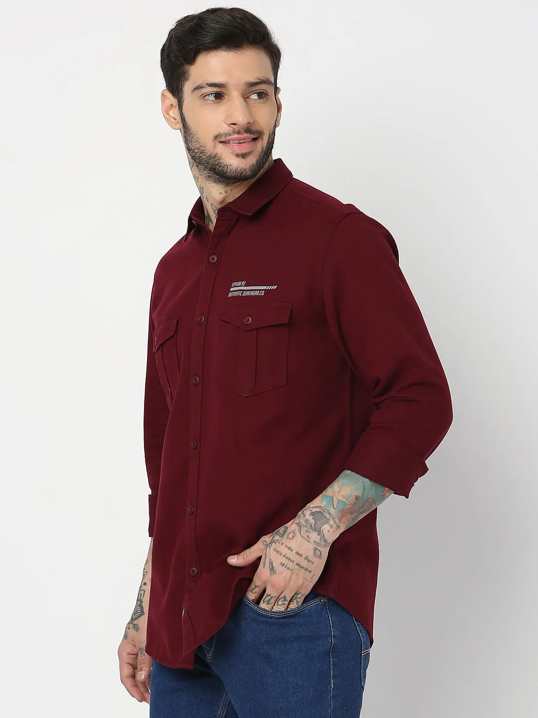 Spykar Men Maroon Cotton Slim Fit Plain Shirts