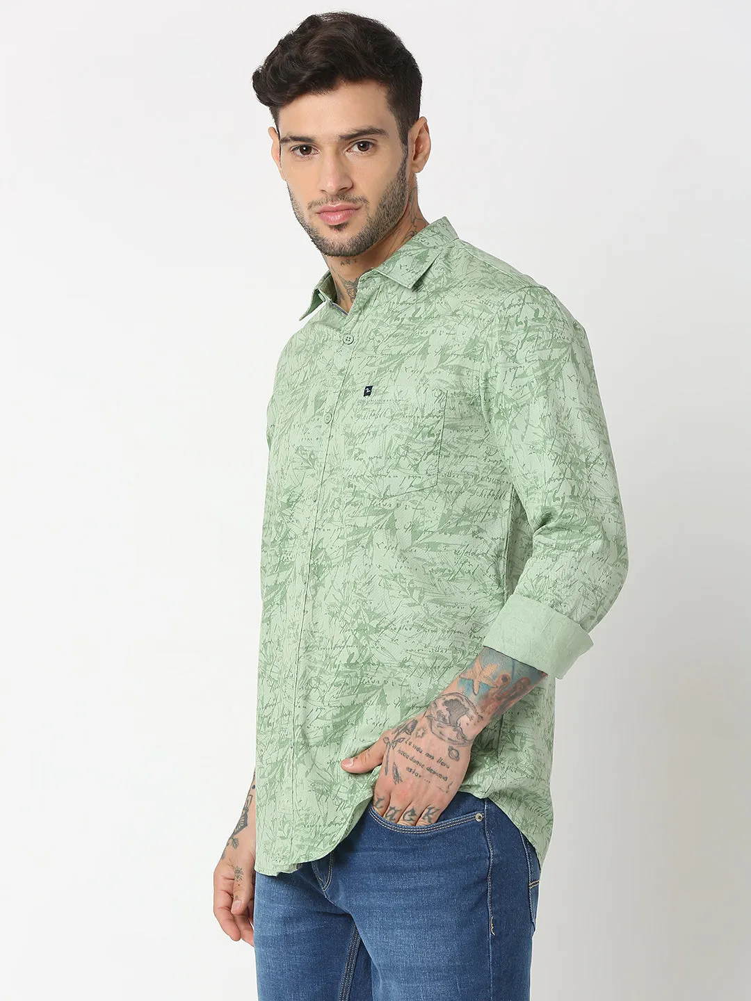 Spykar Men Olive Cotton Slim Fit Printed Shirts