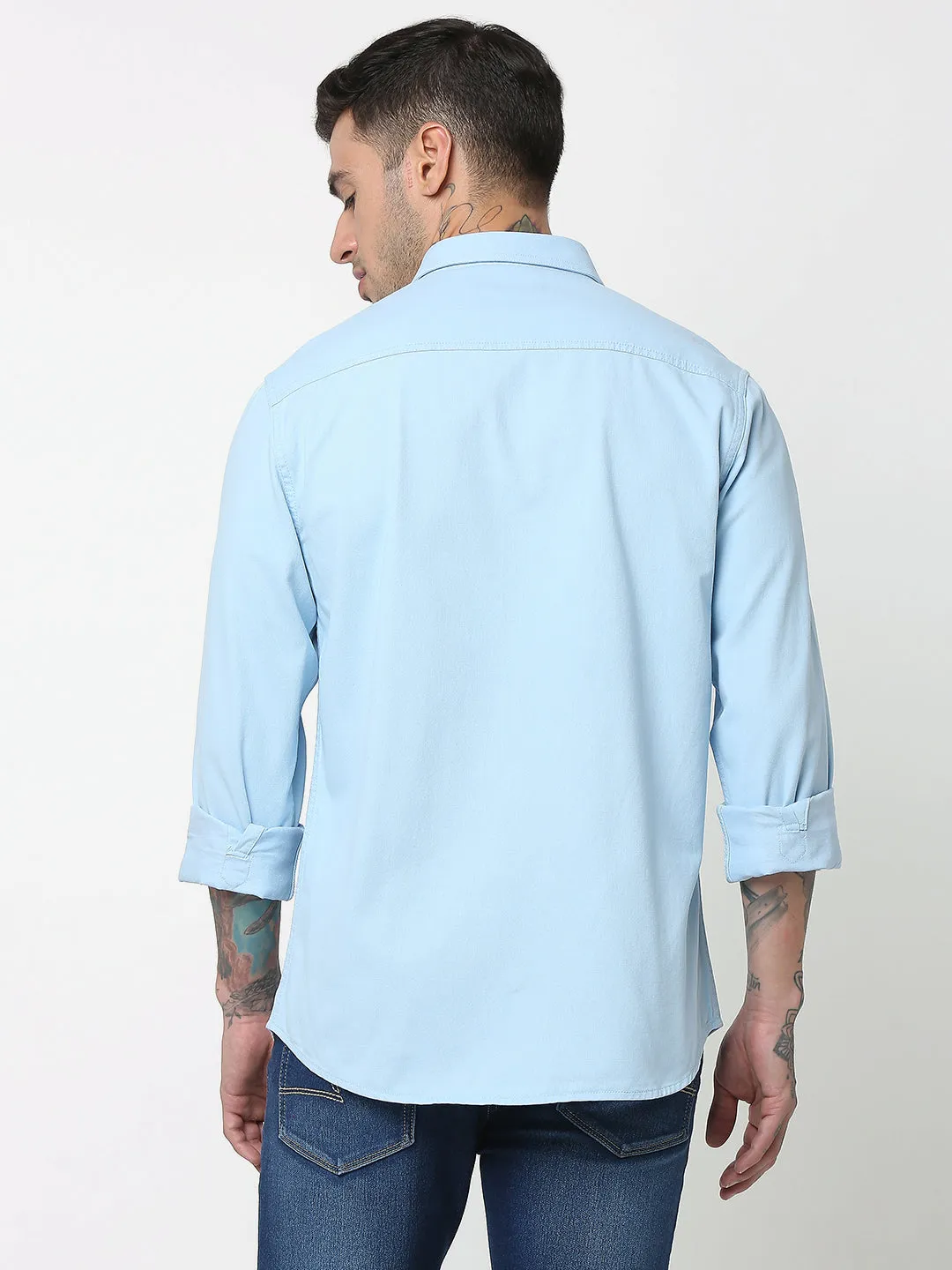 Spykar Men Sky Blue Cotton Slim Fit Plain Shirts