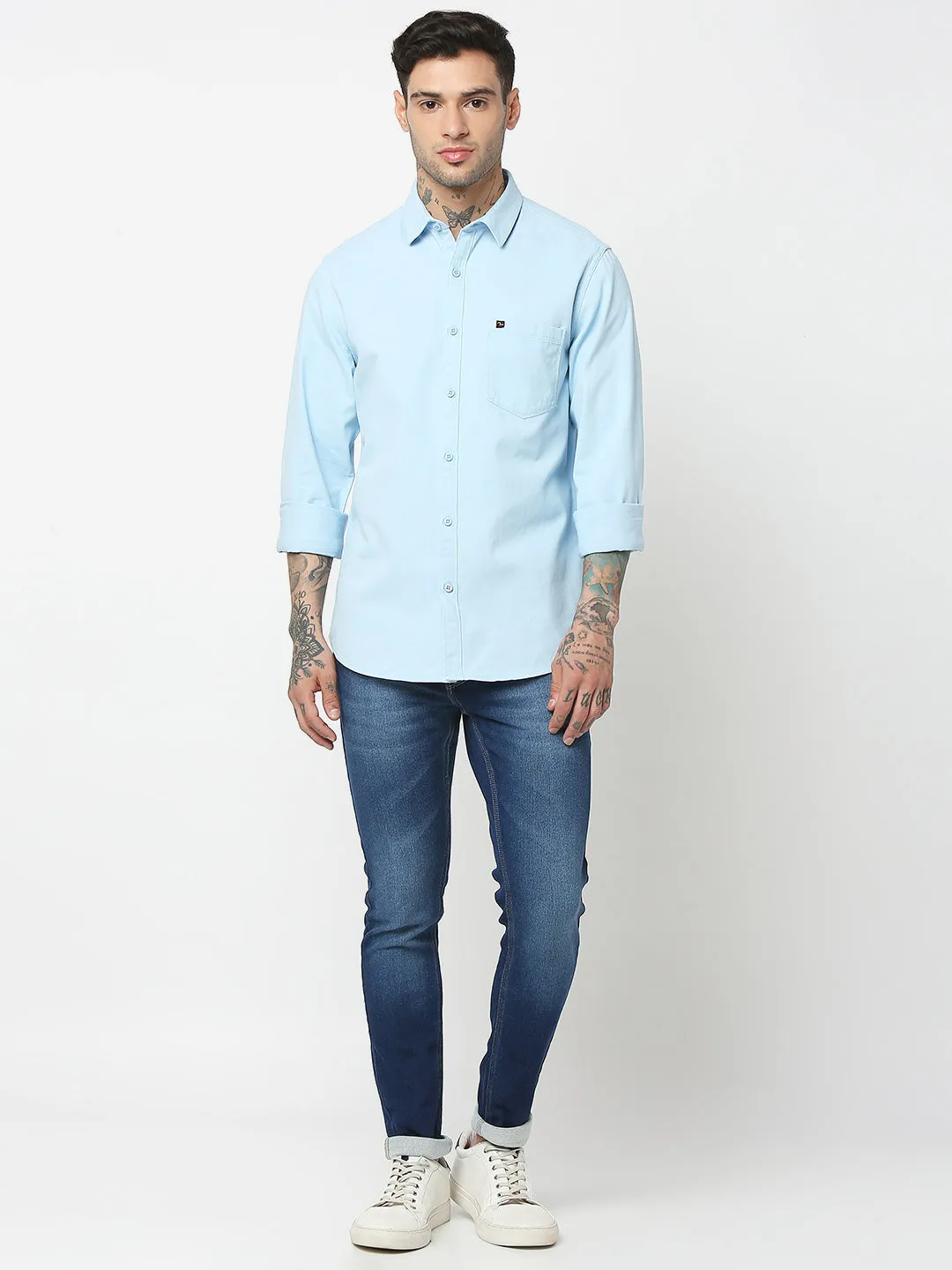 Spykar Men Sky Blue Cotton Slim Fit Plain Shirts