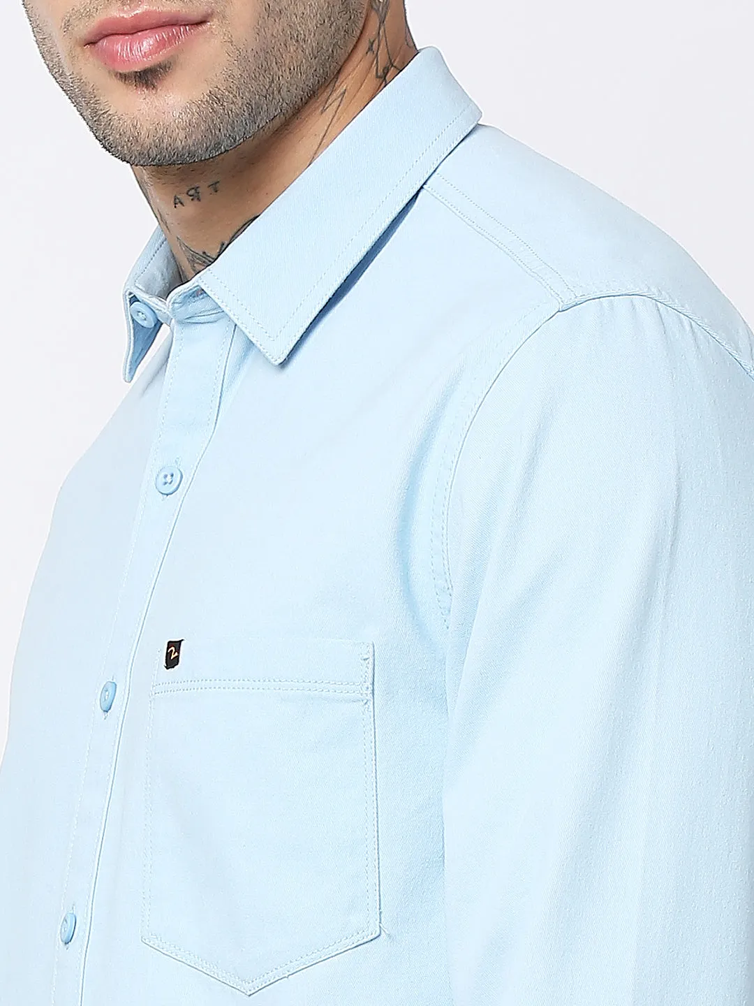 Spykar Men Sky Blue Cotton Slim Fit Plain Shirts