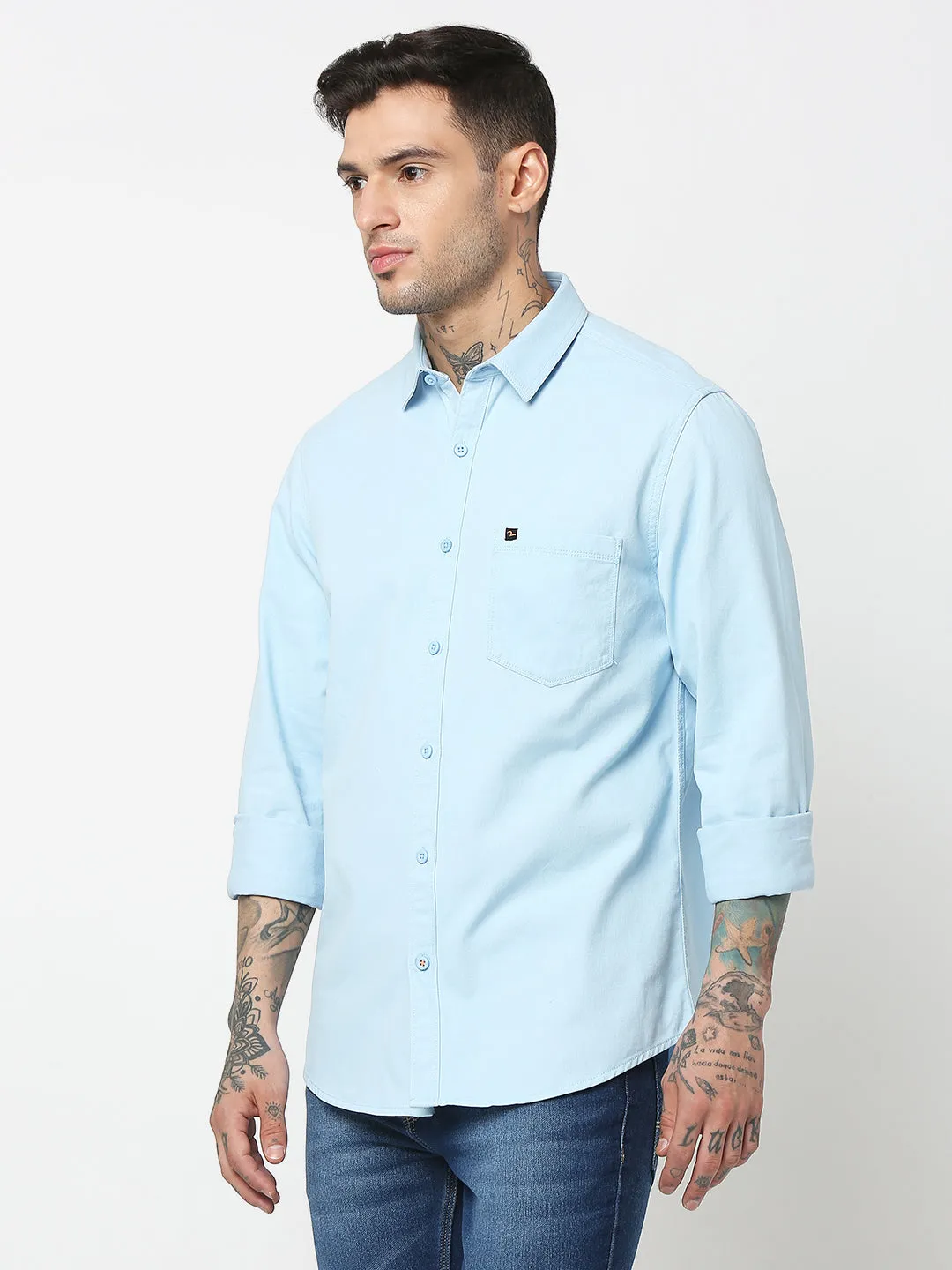 Spykar Men Sky Blue Cotton Slim Fit Plain Shirts