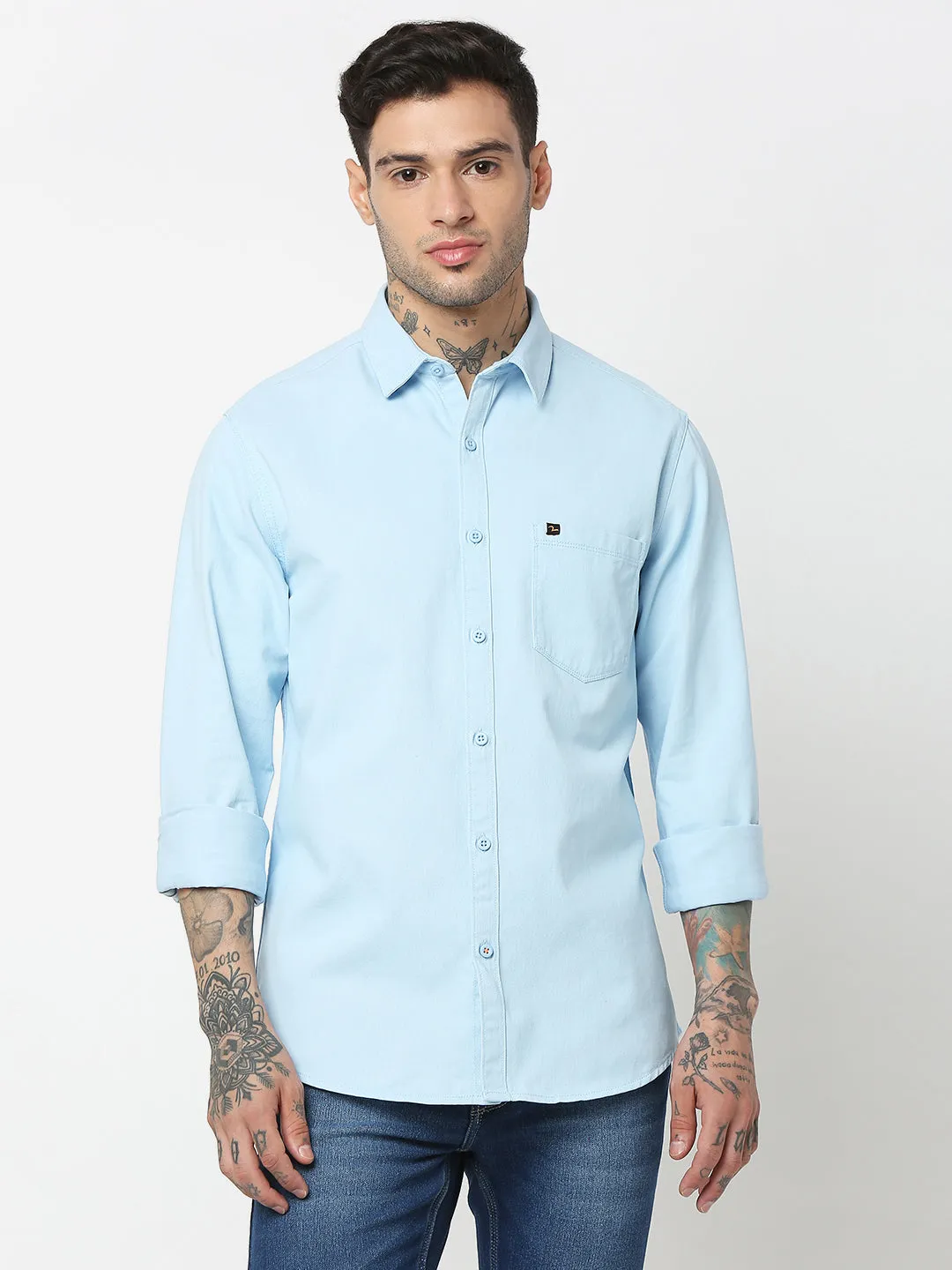 Spykar Men Sky Blue Cotton Slim Fit Plain Shirts