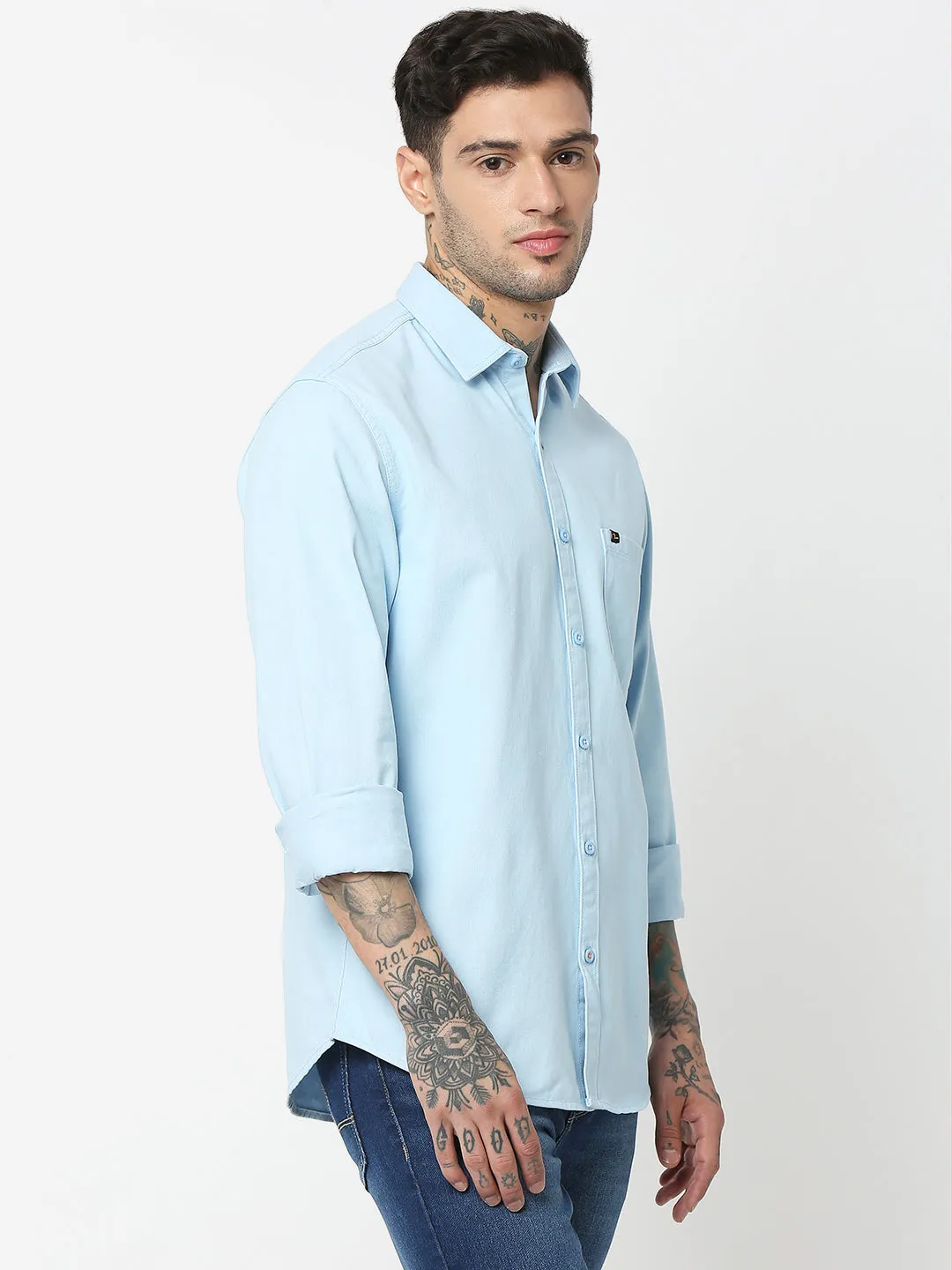 Spykar Men Sky Blue Cotton Slim Fit Plain Shirts