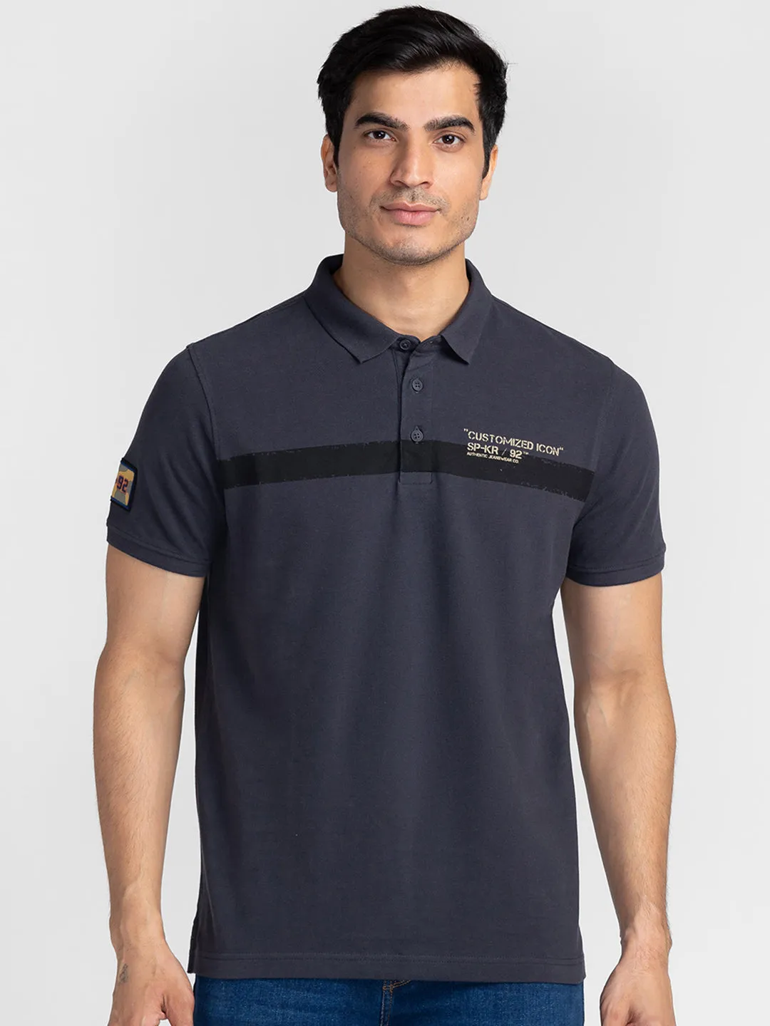 Spykar Men Slate Grey Cotton Slim Fit Polo Printed T-Shirt