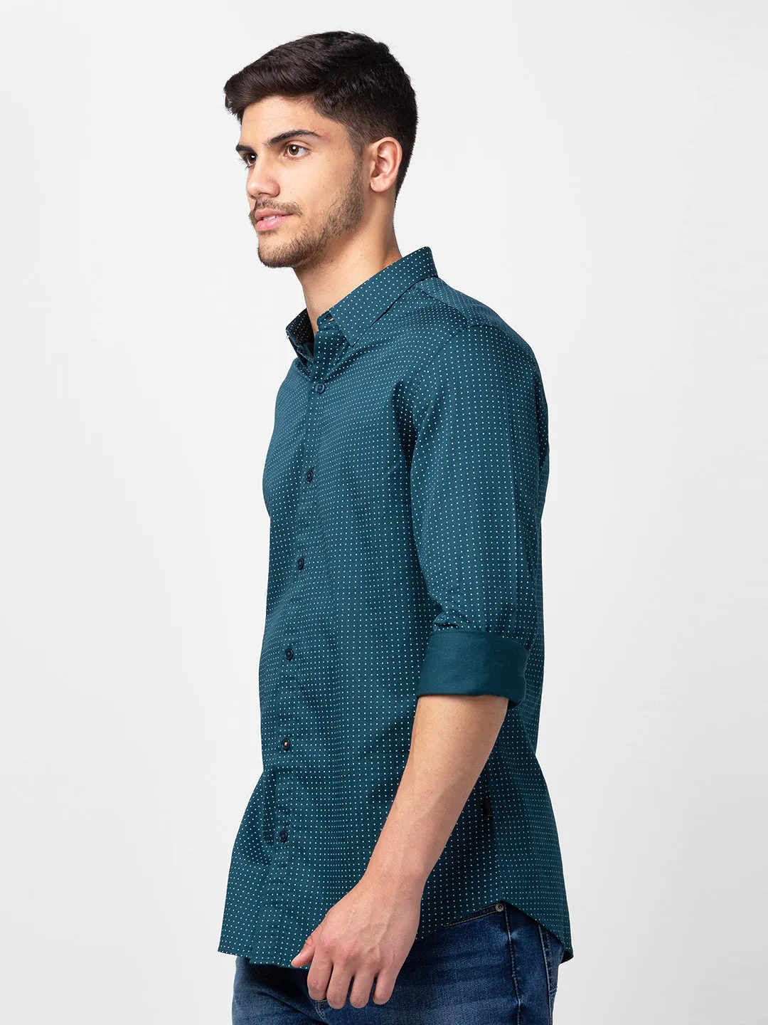 Spykar Men Teal Green Cotton Slim Fit Printed Shirt