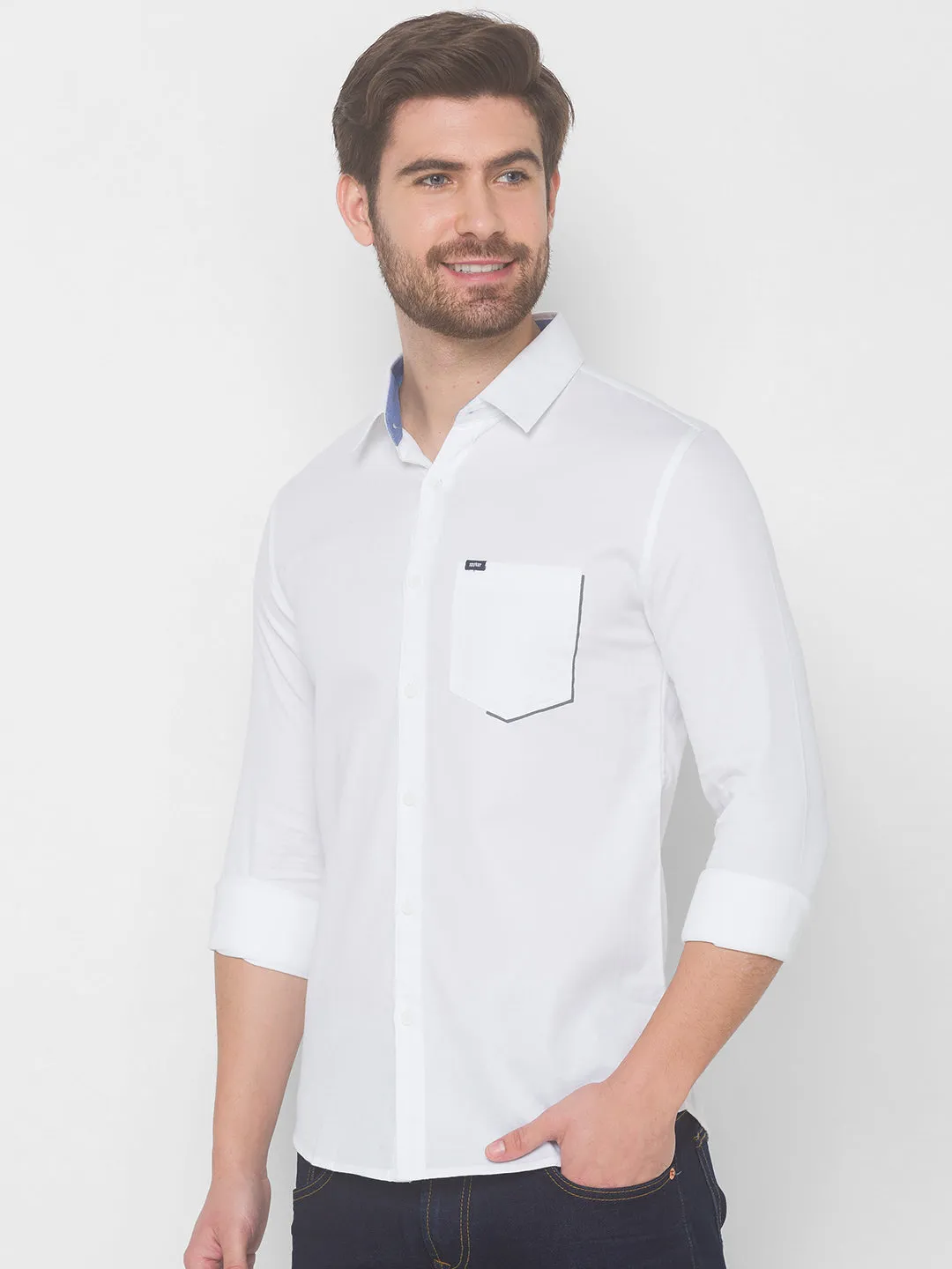 Spykar Men White Cotton Casual Slim Fit Shirt