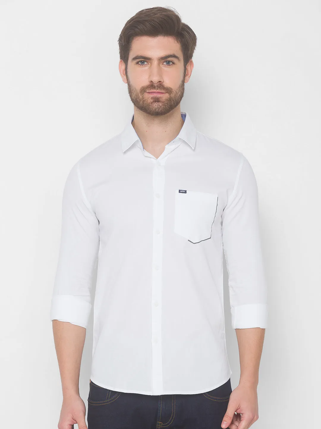 Spykar Men White Cotton Casual Slim Fit Shirt