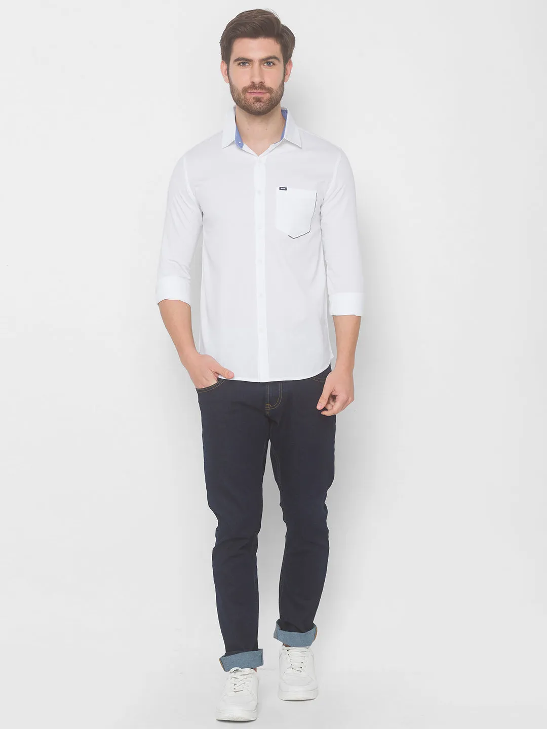 Spykar Men White Cotton Casual Slim Fit Shirt