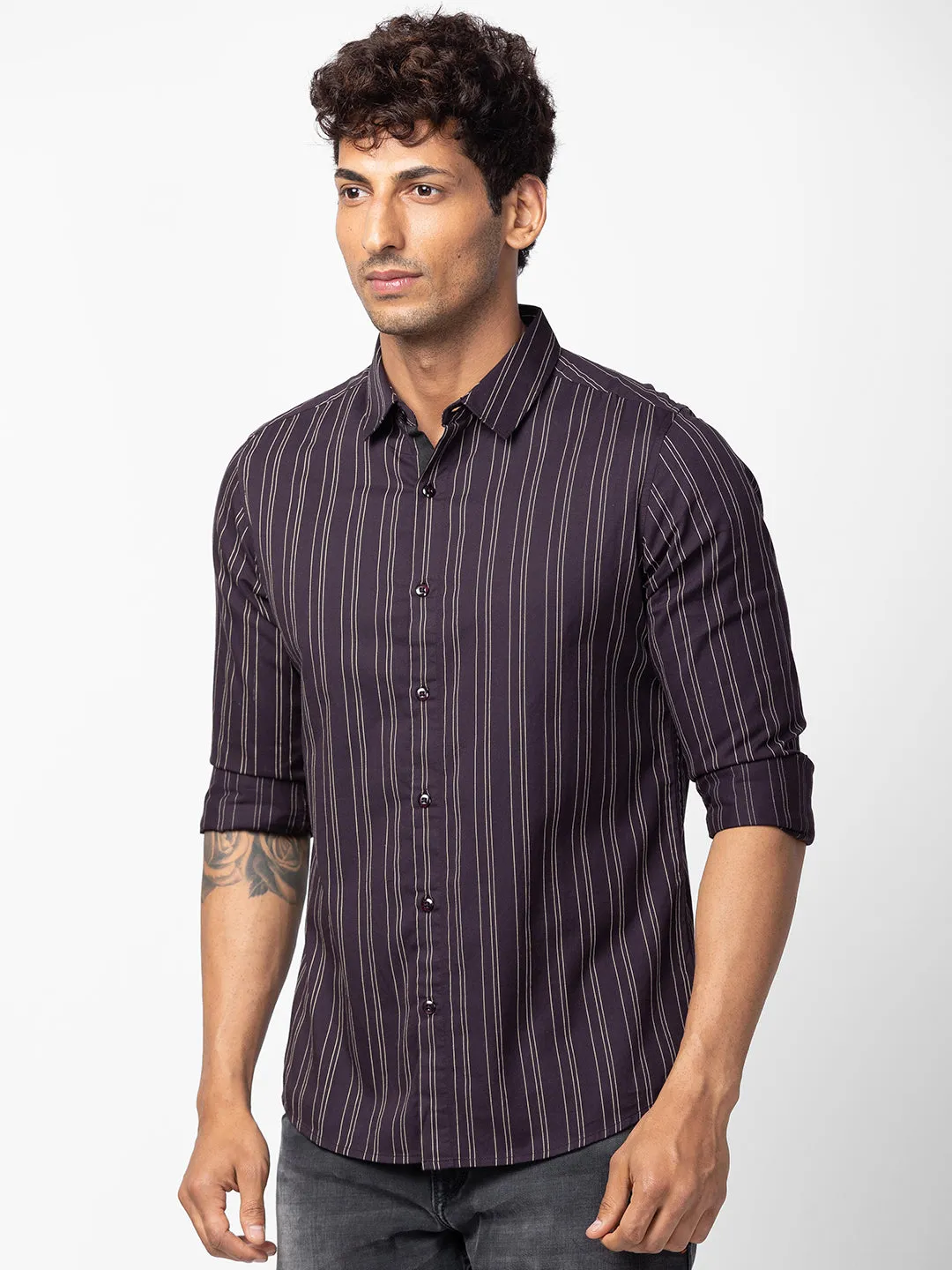 Spykar Men Wine Red Cotton Slim Fit Striped Shirt