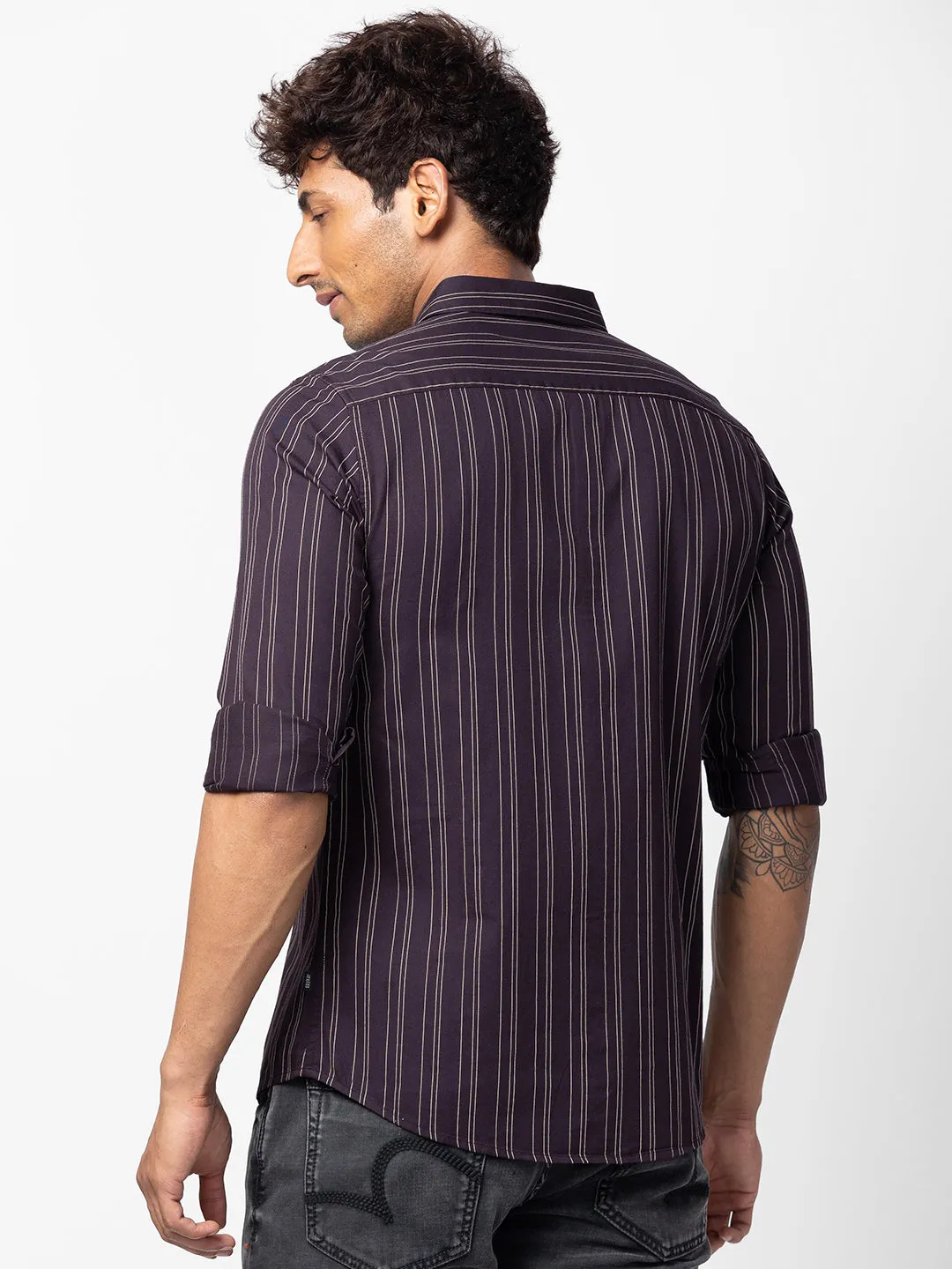 Spykar Men Wine Red Cotton Slim Fit Striped Shirt