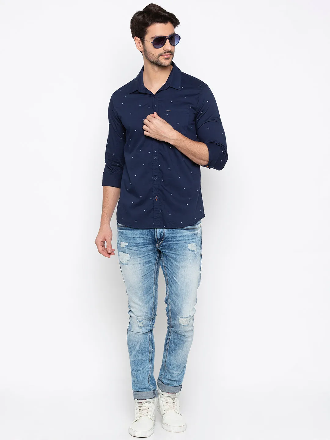 Spykar Slim Fit Men Navy Printed Casual Shirt