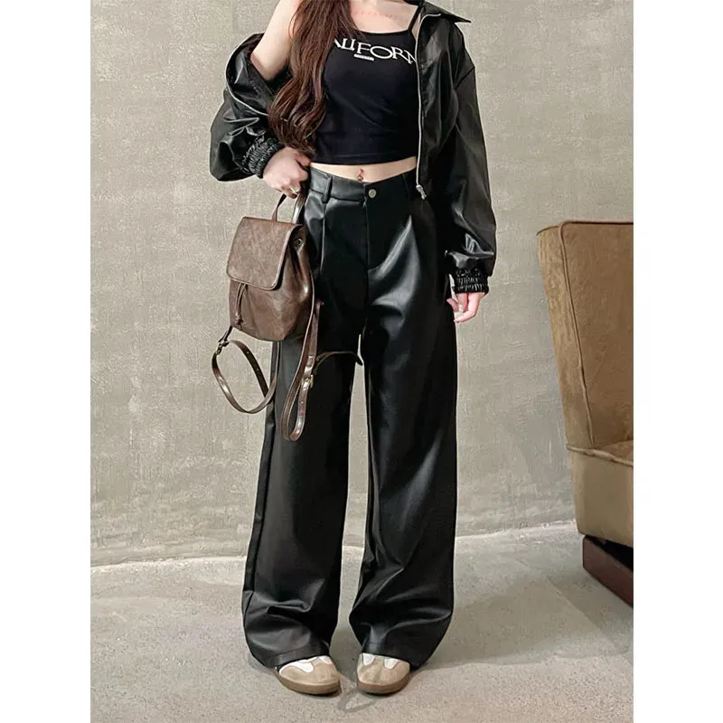 Straight Patent Leather Red Streetwear Autumn Casual Women’s Pants