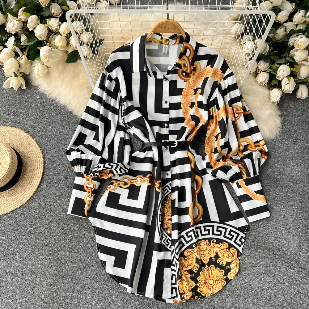 Stylish Printed Long Sleeve Shirt Dress    S139