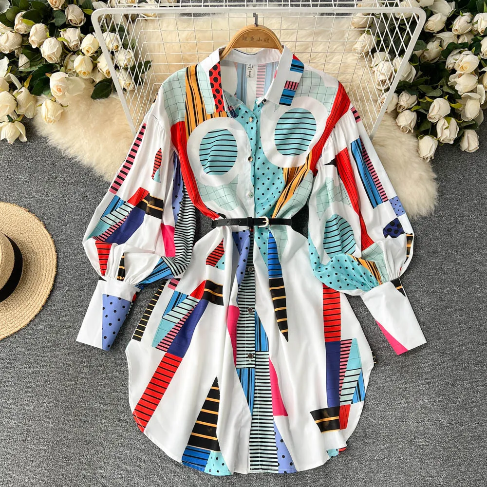 Stylish Printed Long Sleeve Shirt Dress    S139