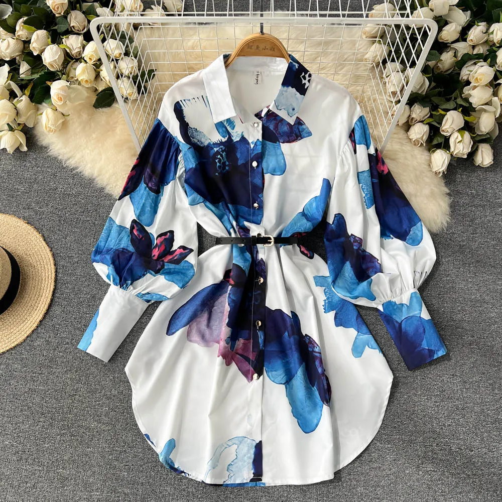 Stylish Printed Long Sleeve Shirt Dress    S139