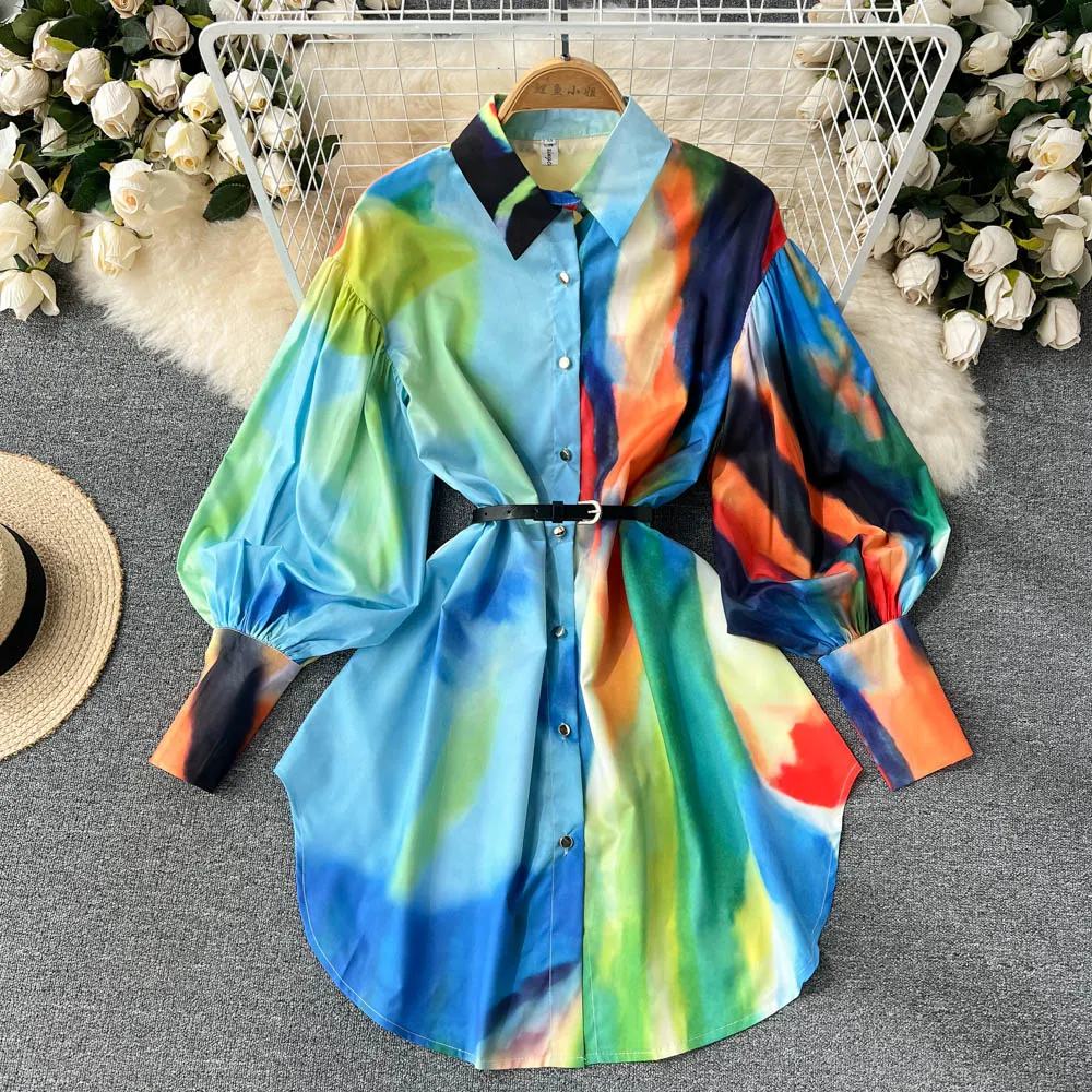 Stylish Printed Long Sleeve Shirt Dress    S139