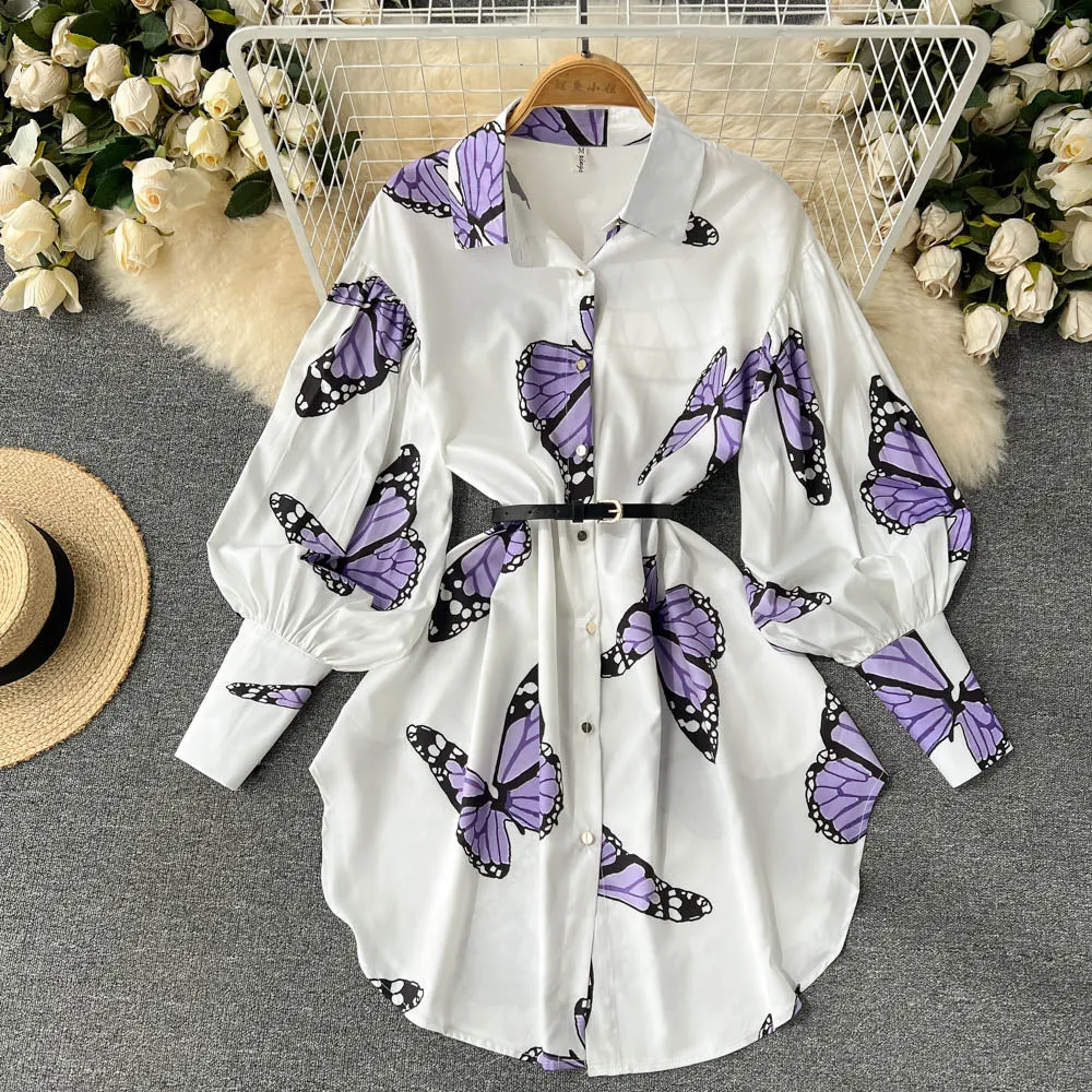 Stylish Printed Long Sleeve Shirt Dress    S139