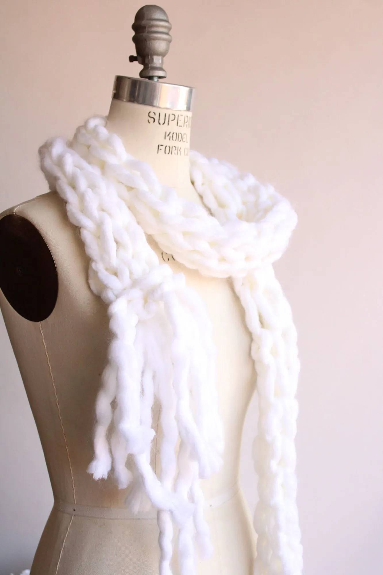 The Ghost Extra Long Knit Scarf In Chunky White Yarn with Fringe