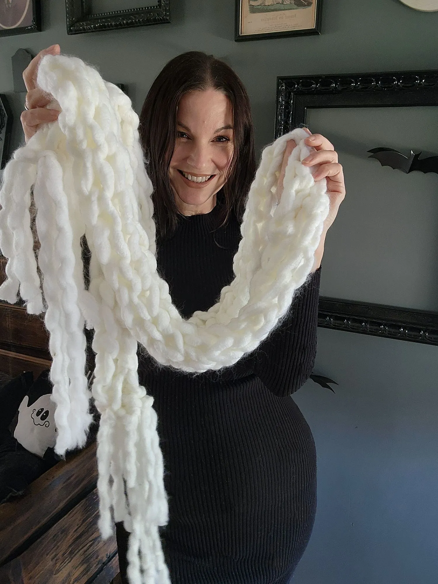 The Ghost Extra Long Knit Scarf In Chunky White Yarn with Fringe