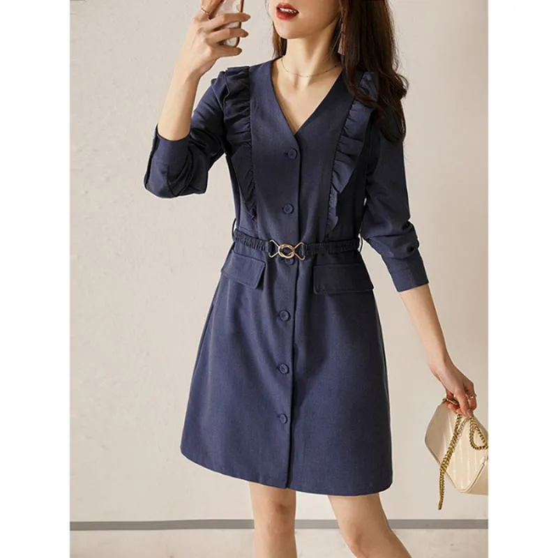 V-Neck Ruffle Hem Belted Waist Belt Solid Color Dress