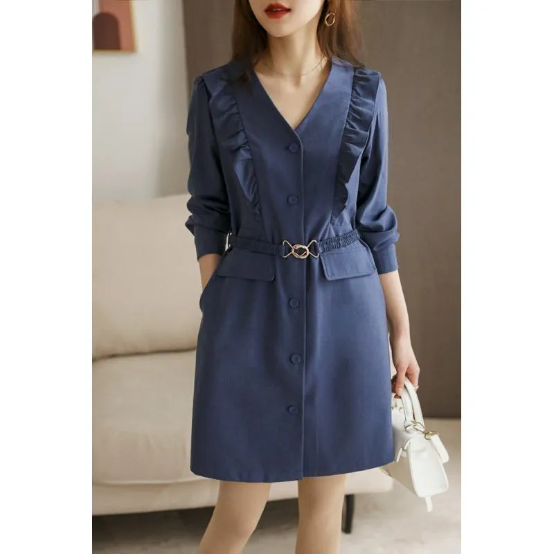 V-Neck Ruffle Hem Belted Waist Belt Solid Color Dress