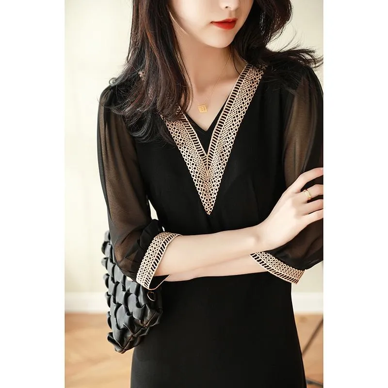 V-Neck Slimming Embroidery Versatile Transparent Dress