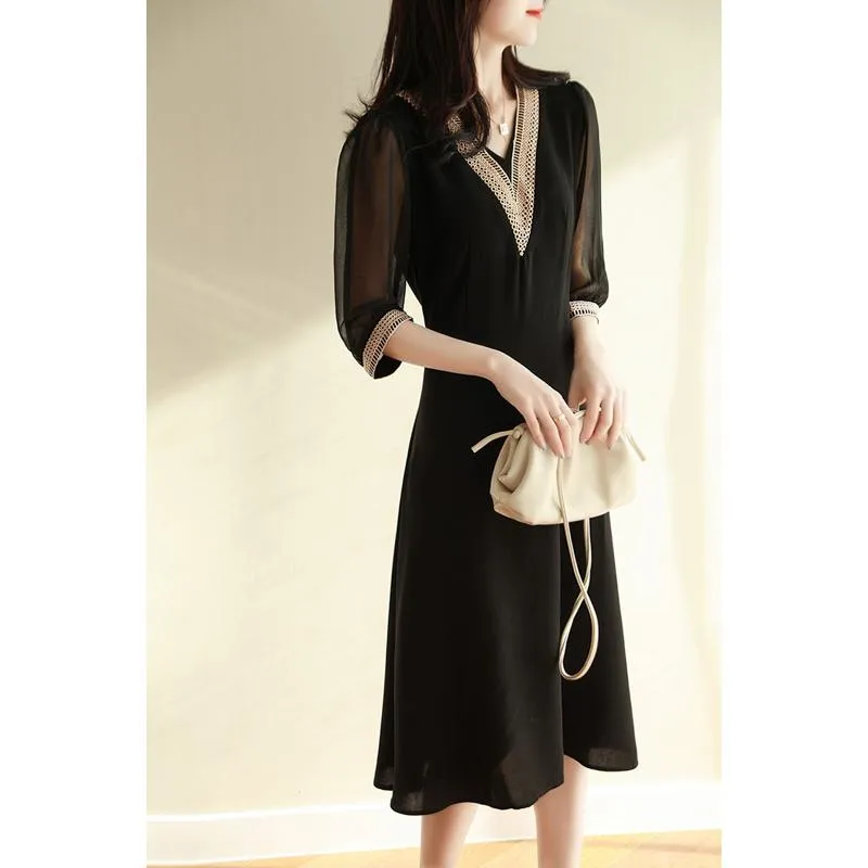 V-Neck Slimming Embroidery Versatile Transparent Dress