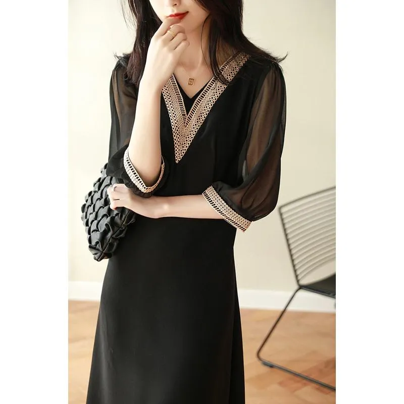 V-Neck Slimming Embroidery Versatile Transparent Dress