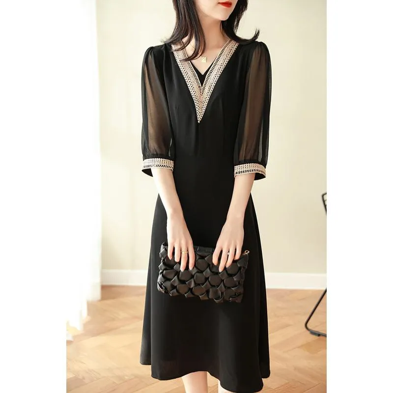 V-Neck Slimming Embroidery Versatile Transparent Dress