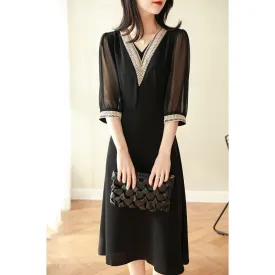 V-Neck Slimming Embroidery Versatile Transparent Dress