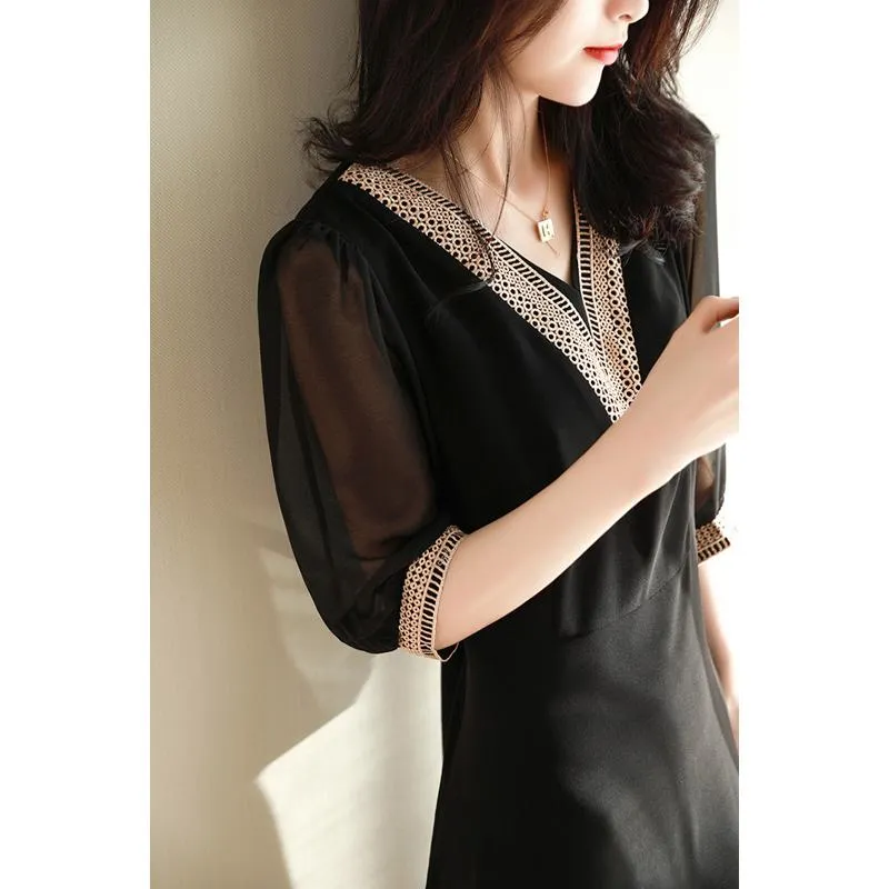 V-Neck Slimming Embroidery Versatile Transparent Dress