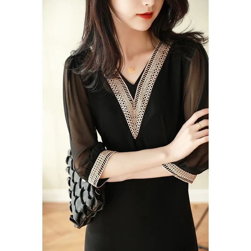 V-Neck Slimming Embroidery Versatile Transparent Dress