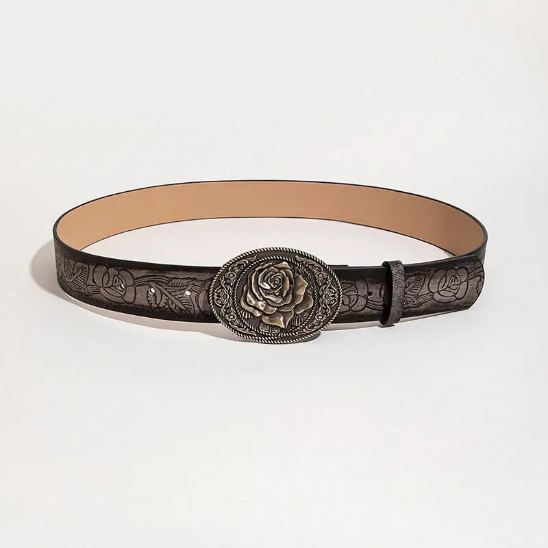 Western Style Rose Shaped Buckle Printed Leather Belt