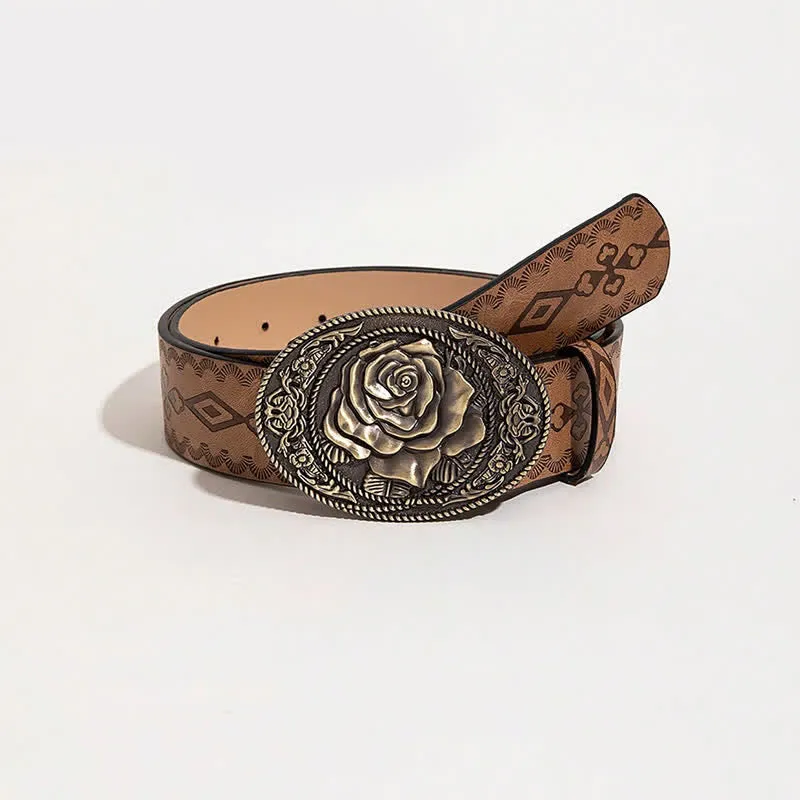 Western Style Rose Shaped Buckle Printed Leather Belt