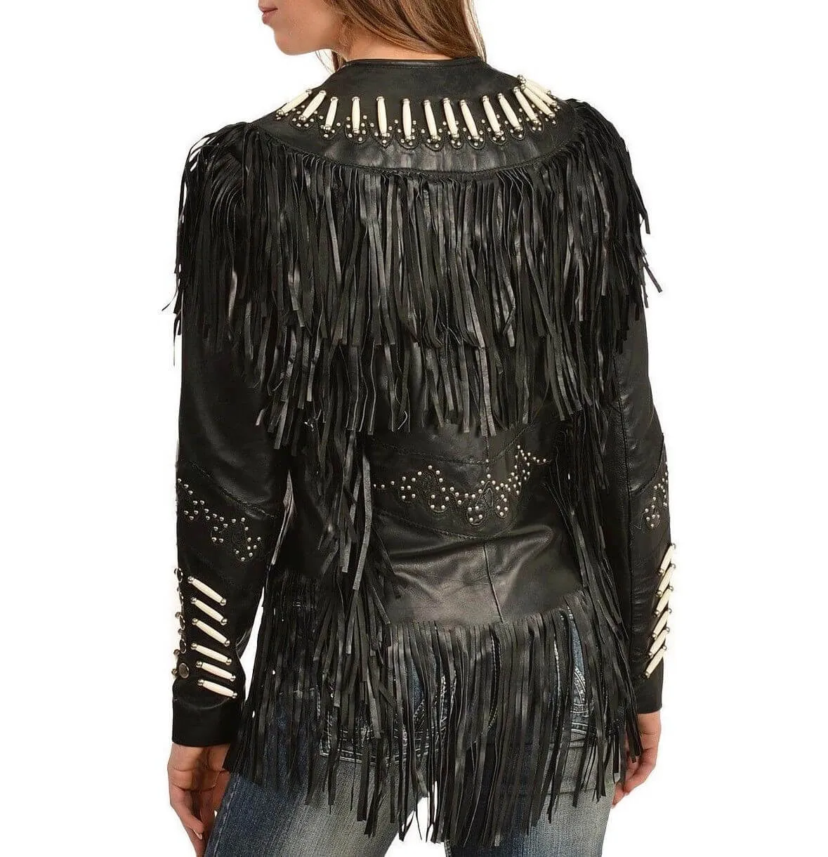 Western Women's Black Cow Leather Jacket with Fringe Style