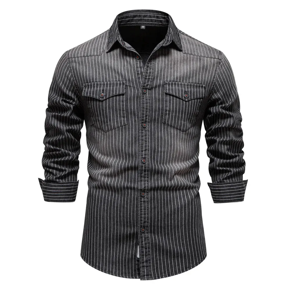 Wiaofellas  -  Denim Shirts Men Cotton Striped Stretch Long Sleeve Black Cargo Jean Shirt Quality Blouses Casual Slim Cowboy Shirts For Men