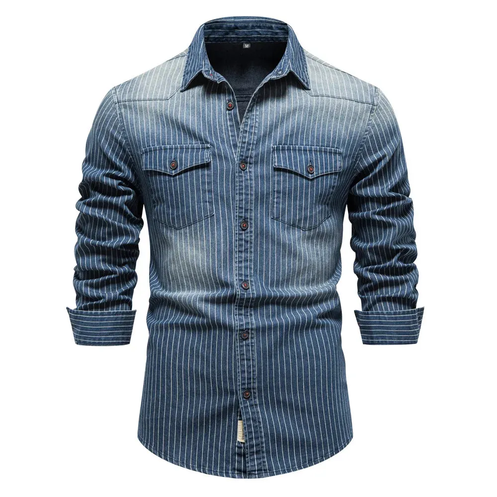 Wiaofellas  -  Denim Shirts Men Cotton Striped Stretch Long Sleeve Black Cargo Jean Shirt Quality Blouses Casual Slim Cowboy Shirts For Men