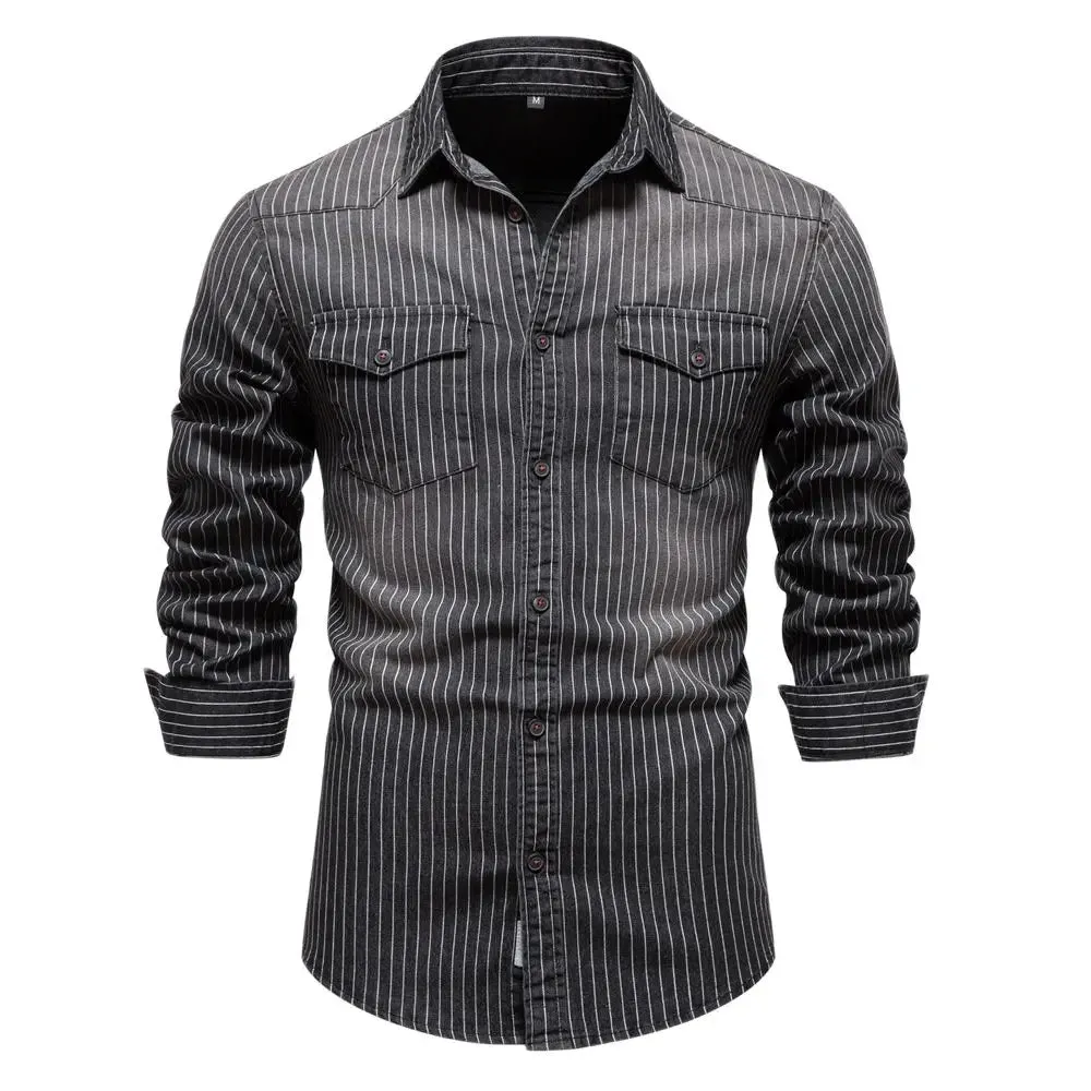 Wiaofellas  -  Denim Shirts Men Cotton Striped Stretch Long Sleeve Black Cargo Jean Shirt Quality Blouses Casual Slim Cowboy Shirts For Men