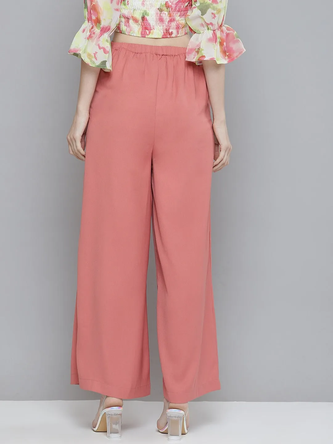 Women Pink Front Pleats Wide Leg Pants