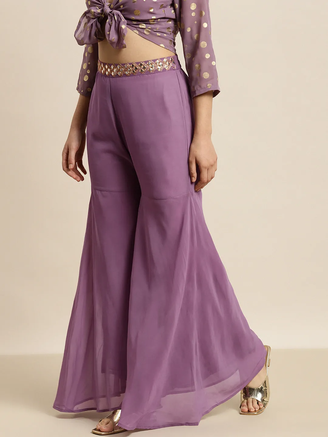 Women Purple Embroidered Waist Flared Sharara Pants