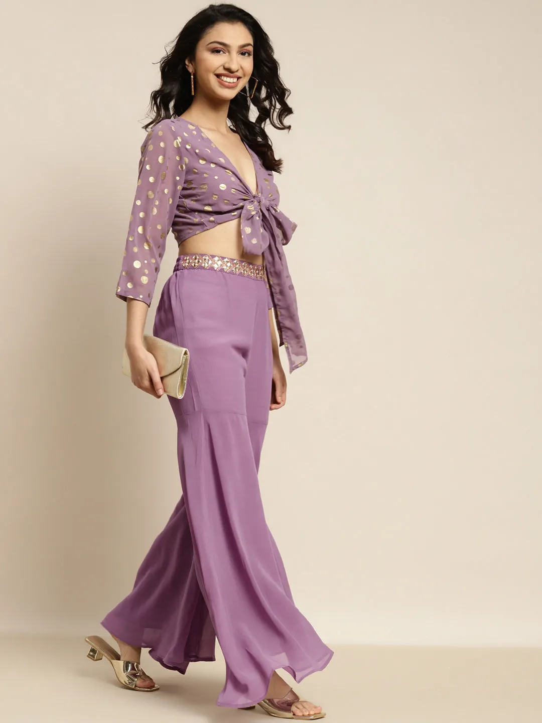 Women Purple Embroidered Waist Flared Sharara Pants