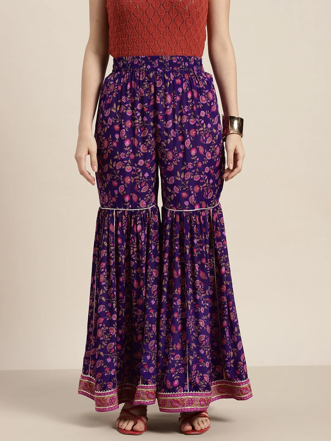 Women Purple Floral Sharara Pants