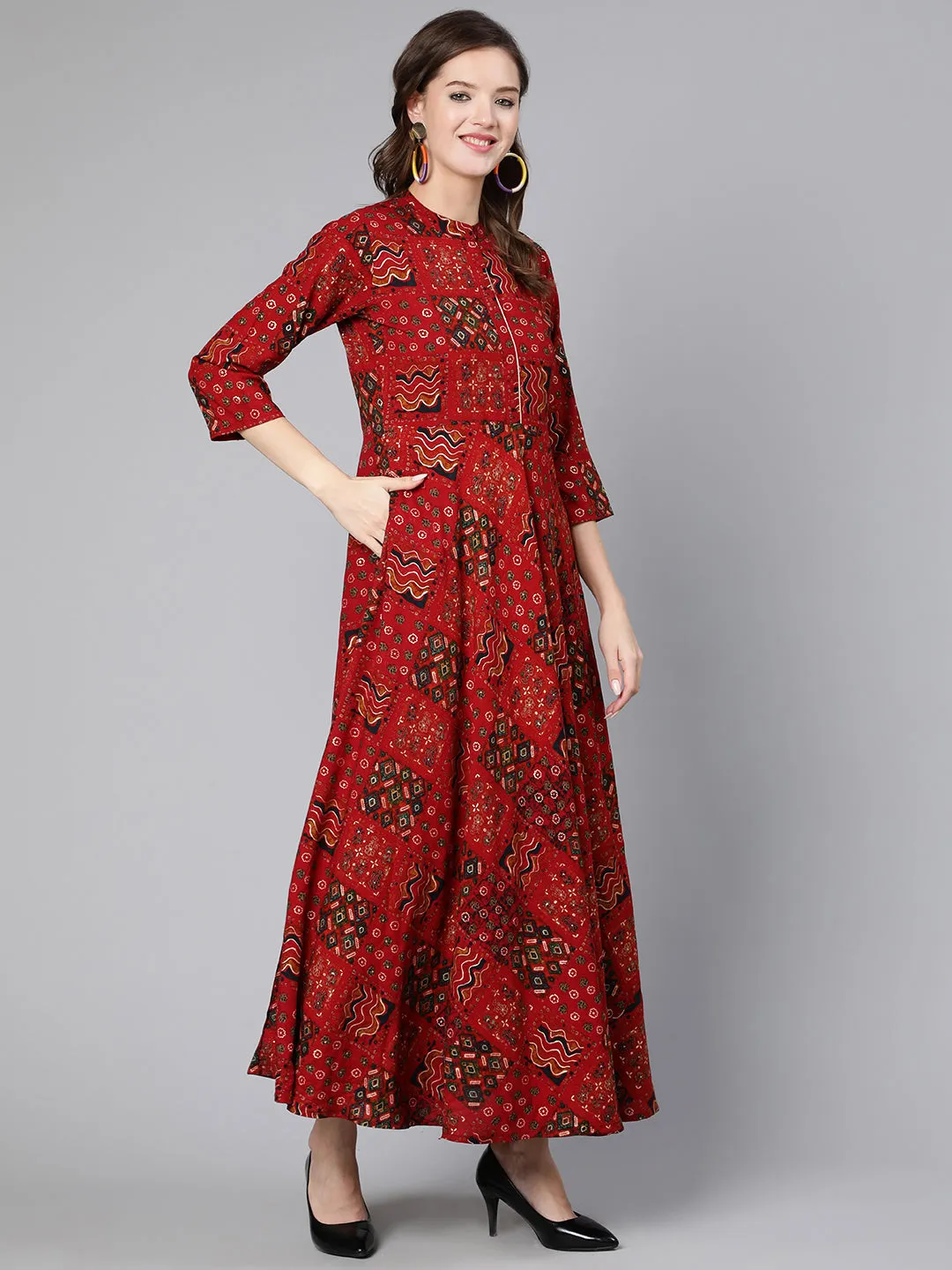 Women Red Printed Ethnic Flared Dress With Three Quarter Sleeves