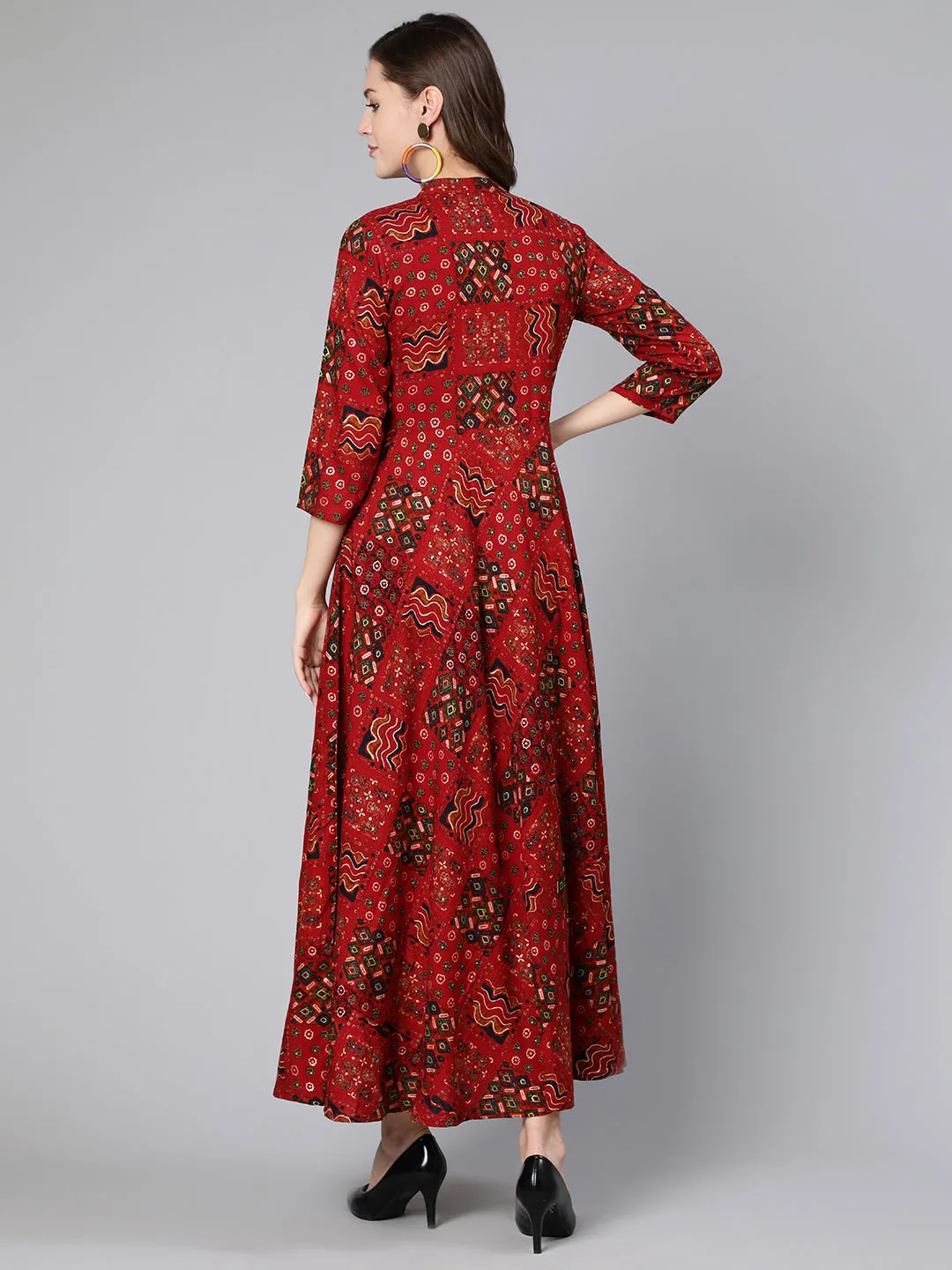 Women Red Printed Ethnic Flared Dress With Three Quarter Sleeves