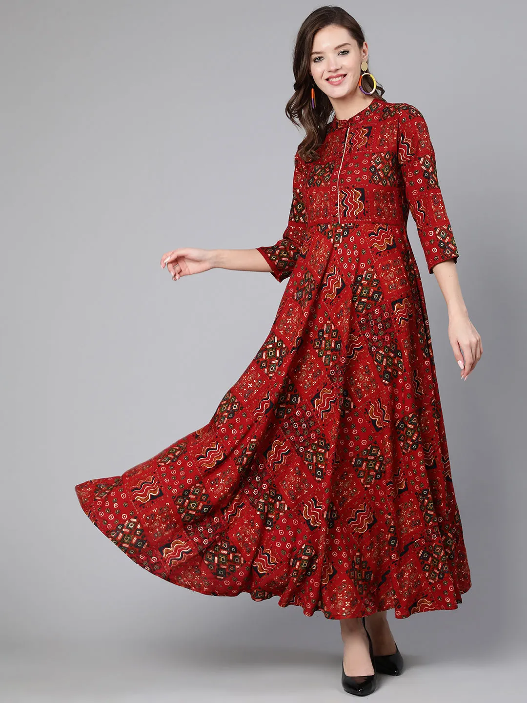 Women Red Printed Ethnic Flared Dress With Three Quarter Sleeves